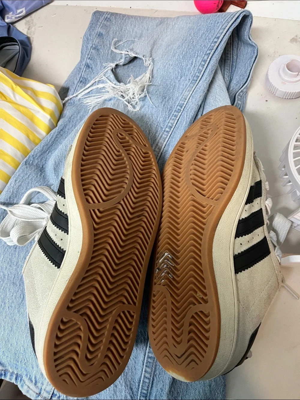 adidas Off-White Suede Sneakers with Black Three Stripes